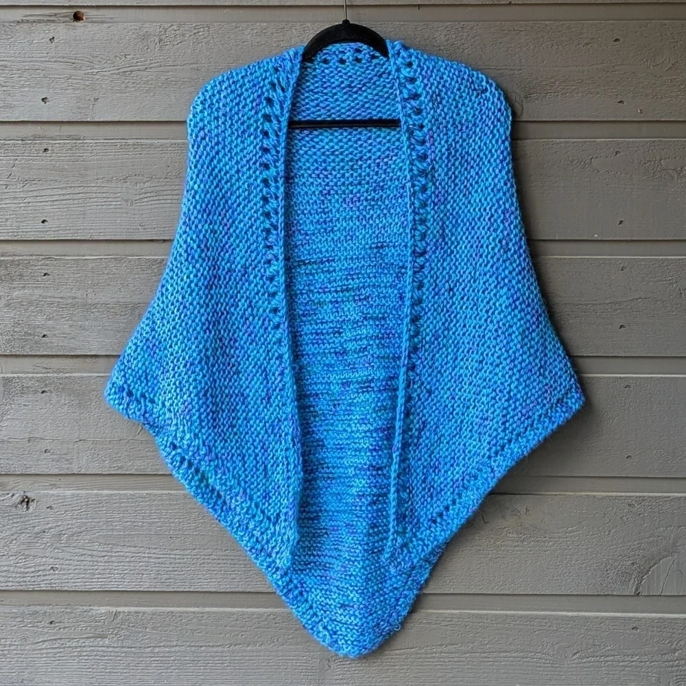 Handknit Marled Aqua Blue Large Triangle Shawl Scarf